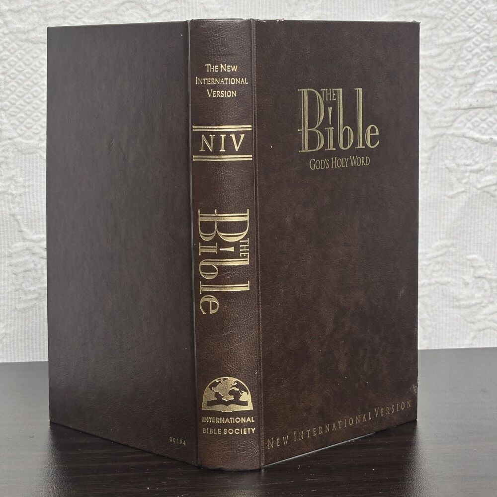 80s Bible Gods Holy Word NIV Brown Gold Hard Cover Book Map